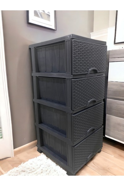 LarinHome Büyük Boy Plastik Çekmeceli 4 Katlı Sebzelik Komidin Şifonyer Siyah