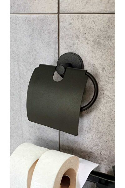 Egem Home Suport pentru hârtie igienică cu capac lat adeziv, negru mat