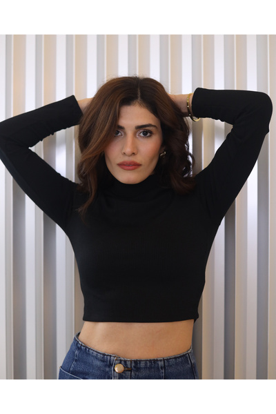 deqfashion Μαύρο Πλεκτό Κροπ Τοπ με Ραβδώσεις σε Στυλ Ψαράδικο