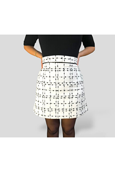 ABAS Tüvit Kumaş (Chanel Kumaş) Beyaz Mini Boy Çan Model Astarlı Etek