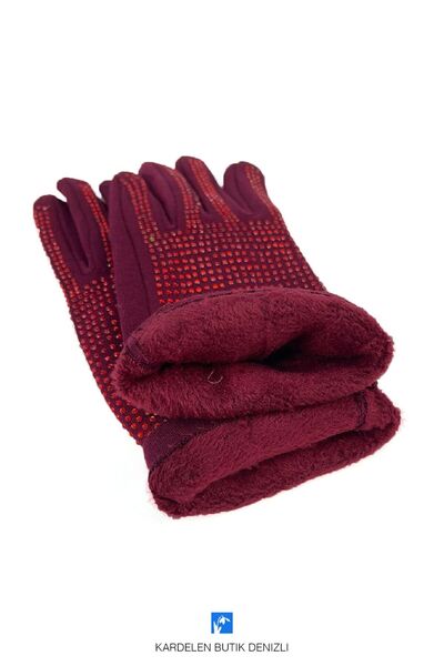 Kardelen Butik Denizli Women's Gloves with Miflon and Stone Decorations inside