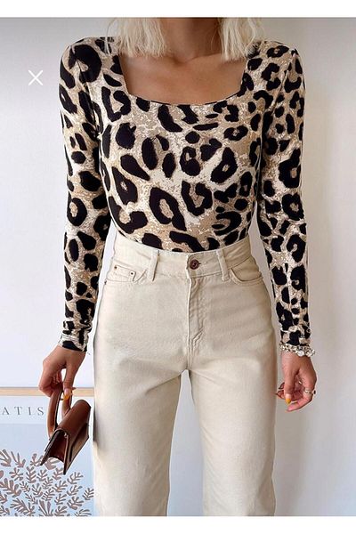 BE CHİC ΓΥΝΑΙΚΕΙΑ ΜΕ ΣΧΕΔΙΟ LEOPARD ΤΕΤΡΑΓΩΝΙΚΟΣ ΛΑΙΜΟΣ ΜΑΚΡΥ ΜΠΡΟΣ ΜΠΡΟΣ ΔΙΠΛΗ ΣΤΡΩΜΑ CROP BLUZ AYD0010