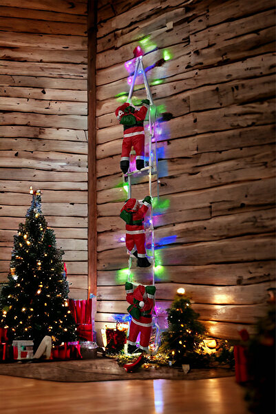 Zemtigo 3'lü RGB Peri Ledli Merdiven Tırmanan Noel Baba Yılbaşı Süsü Dekor 105 cm Çam Ağacı Süsü
