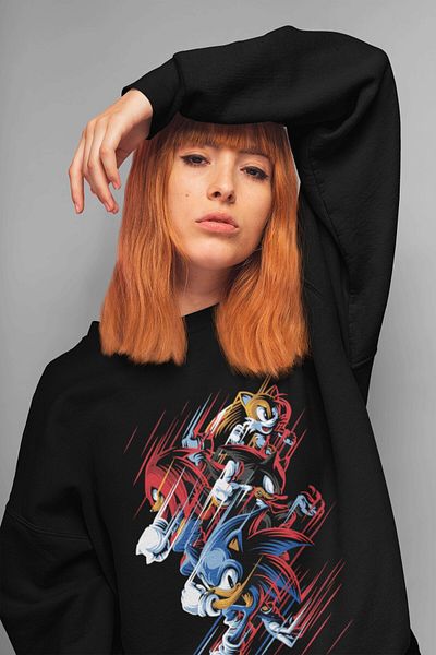 Fuddy Moda Hanorac fără glugă cu imprimeu Sonic the Hedgehog, hanorac unisex supradimensionat cu imprimeu Sonic