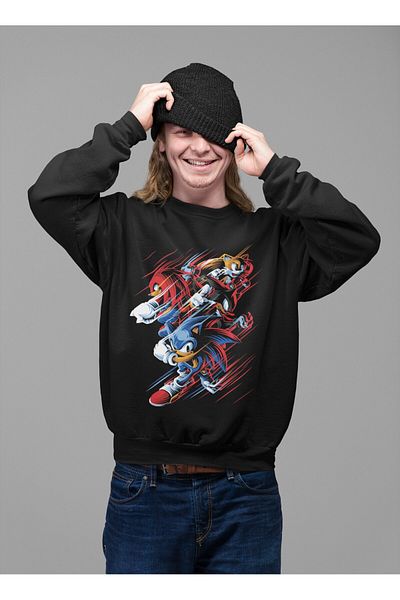 Fuddy Moda Hanorac fără glugă cu imprimeu Sonic the Hedgehog, hanorac unisex supradimensionat cu imprimeu Sonic
