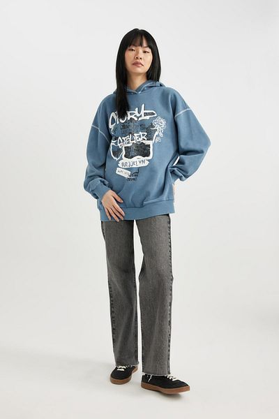 DeFacto Coool Oversize Wide Fit Printed Hooded Thick Washed Faded Effect Sweatshirt B8660Ax23Wn