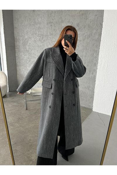 Laluvia Šedý dlouhý kabát Melange na 6 knoflíků
