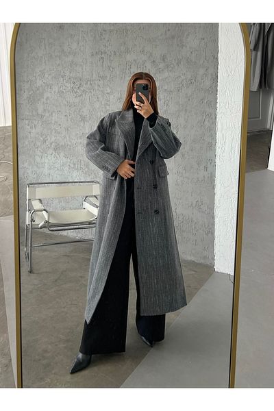 Laluvia Šedý dlouhý kabát Melange na 6 knoflíků