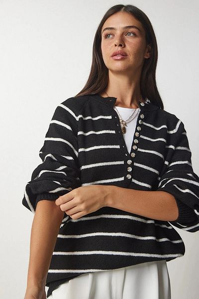 hazelin Women's Black Lightweight Balloon Sleeve Red Striped Button-Up Collar Knitwear Sweater HZL23W-BD1101491