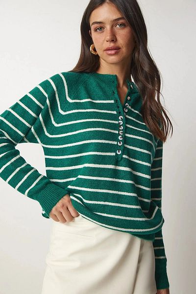 hazelin Women's Persian Green Lightweight Balloon Sleeve Red Striped Button-Up Collar Knitwear Sweater HZL23W-BD1101491