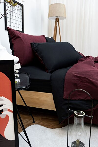 ELY PARKER Easy Iron Oversize Duvet Cover Set (180x200 Black Elastic Sheet+Quilt Cover+High Cover) Claret Red