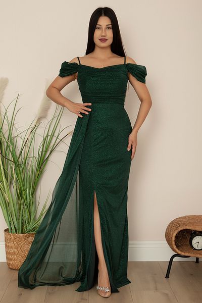 PULLIMM Low Sleeve Long Glitter Tulle Evening Dress 39433