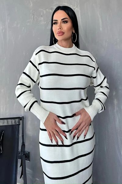 WOMAN VISION Dámské Oversize Fit Line Vzorované Dlouhé Rukávy Výstřih Midi Délka Ecru pletené šaty 1080