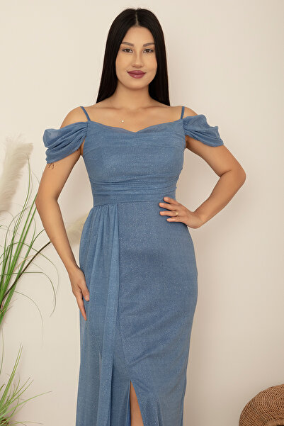 PULLIMM Low Sleeve Long Glitter Tulle Evening Dress 39433