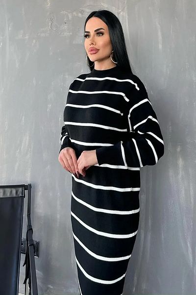 WOMAN VISION Γυναικείο μαύρο πλεκτό φόρεμα 1080 με μακρυμάνικο λαιμόκοψη με μακρυμάνικο λαιμόκοψη