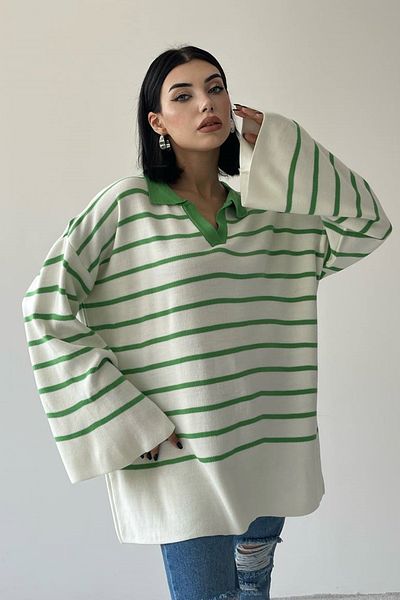 lovebox Women's Knitwear Fabric V-Neck Striped Pattern Bat Sleeve Detailed Oversize Sweater 196