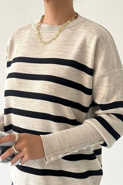 lovebox Women's Knitwear Fabric Crew Neck Striped Pattern Sleeves Button Detailed Sweater 195