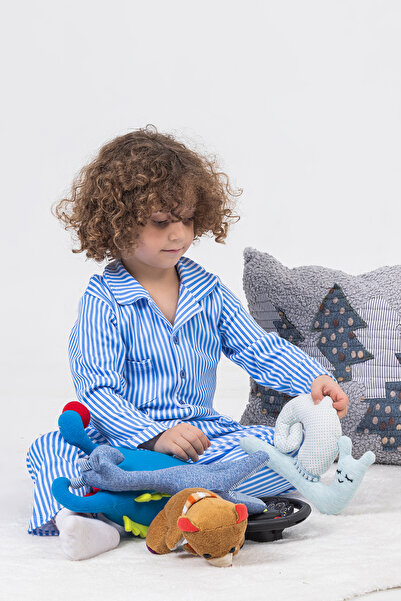 Irk Lemoon İnterlok Kumaş Mavi Çizgili Düğmeli Yüksek Kalite Rahat Erkek Bebek Çocuk Pijama Takımı