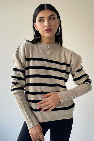 lovebox Women's Knitwear Fabric Crew Neck Striped Pattern Sleeves Button Detailed Sweater 195