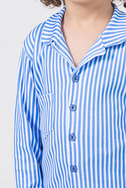 Nezoş İnterlok Pamuklu Mavi Çizgili Düğmeli Erkek Çocuk Pijama Takımı