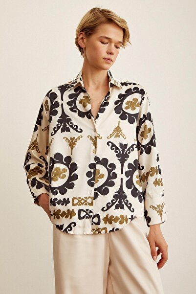 Serica Moda V-Neck Patterned Beige Satin Shirt
