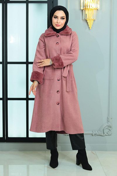Modamihram Fur Detailed Kachet Coat Dusty Rose 19175