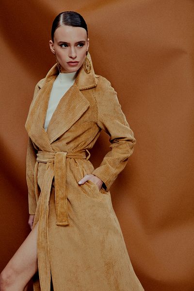 Sateen Long Velvet Trench Coat - Yellow