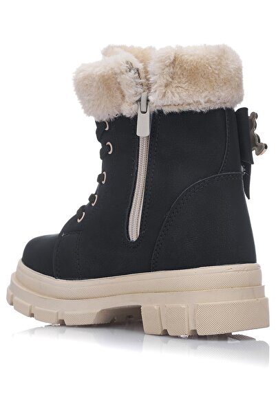 Nstil Günlük Çocuk Kışlık Siyah Bot Kürklü Bağcıklı Fermuarlı Desenlı Taban Ayakkabı F200