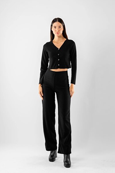 Bak Moda Button Detailed Basic Knitwear Black Cardigan Trousers Set