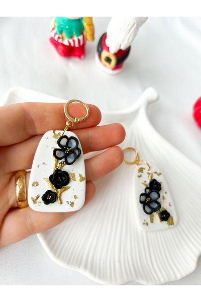 TREND White Polymer Earrings with Transparent Floral Gold Leaves