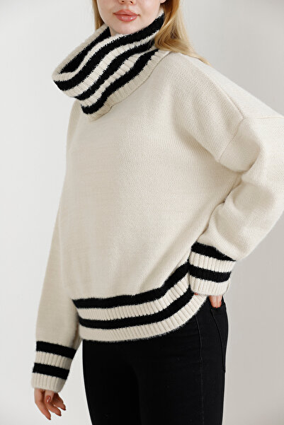VEGENZE Pulover de damă crem cu dungi negru cu guler supradimensionat tricotaj