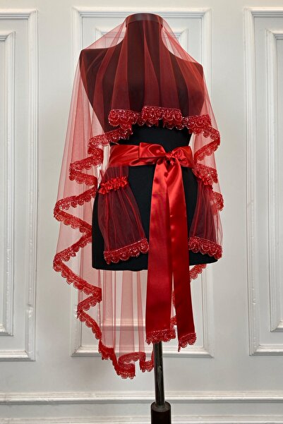 ZEYMERADE طقم حجاب زفاف أحمر، طقم حجاب حناء مطرز بالكريستال 6 قطع