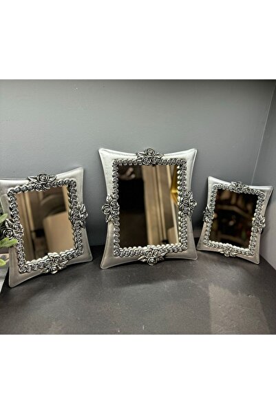 Peramari Dekoratif Polyester Üçlü Kare Ayna Takımı Gümüş Eskitme