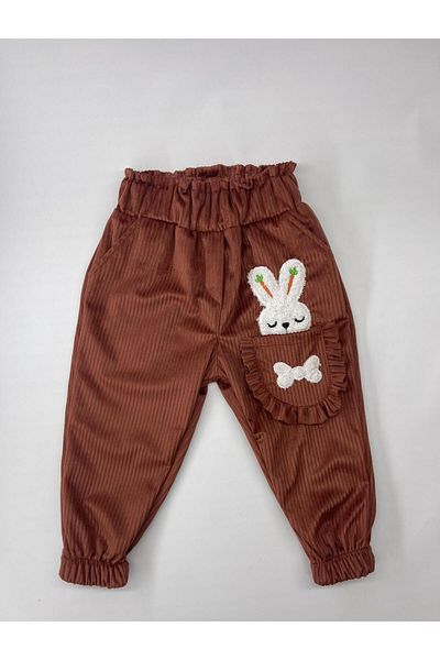 CANBİX Girl's Ruffled Rabbit Velvet Trousers