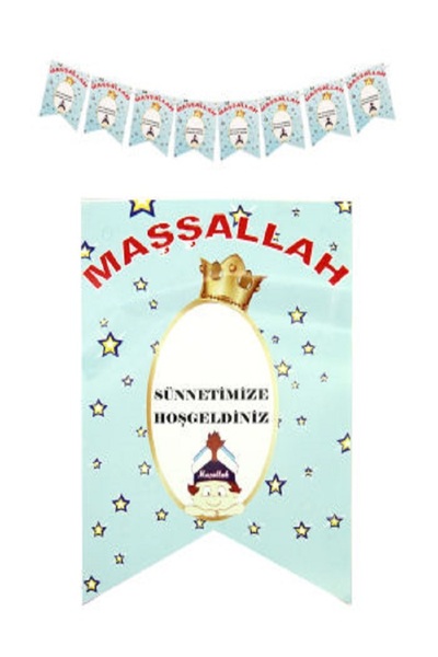 Kazanabil MAŞALLAH YAZILI SÜNNET İÇİN FLAMA BAYRAK SIRALI DUVAR SÜSÜ
