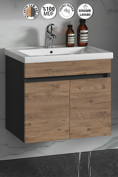 ÖZCEDEN 55 cm Antrasit Gri Mat-Atlantik Çam MDF Seramik Lavabolu Asma Banyo A...
