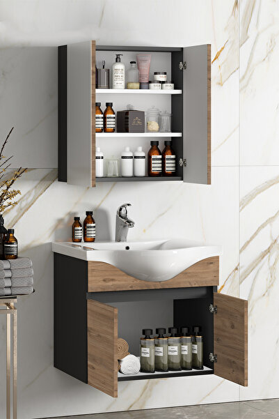 ÖZCEDEN Yıldız 65+35 cm Antrasit Gri Mat-Atlantik Çam MDF Seramik Lavabolu Asma Banyo Dolabı Takımı