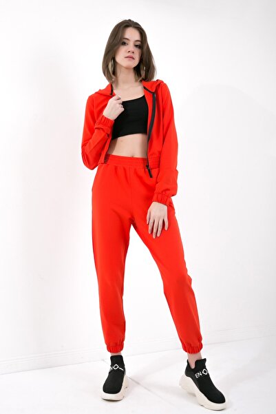 OENDO Kapüşonlu Fermuarlı Bel Ve Paça Lastikli Iki Iplik Mercan Rengi Eşofman Takımı Nd-26206