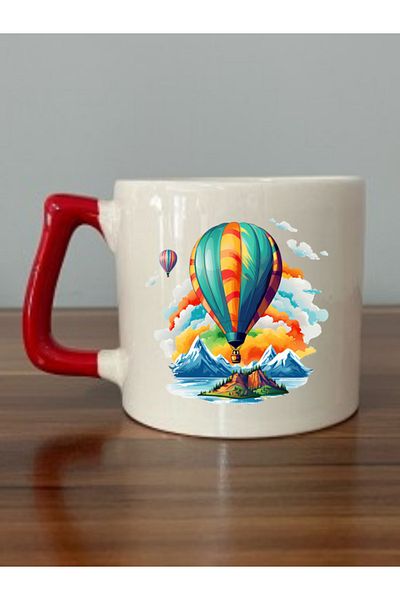 lili hediyelik Balloon Travel Printed Red Handled Mug Cup - Ceramic Tea, Coffee Gift Cup