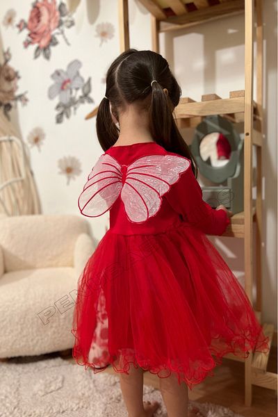 penu baby kids Red Butterfly Winged Tutu Long Sleeve Baby Girl Dress - Butterfly