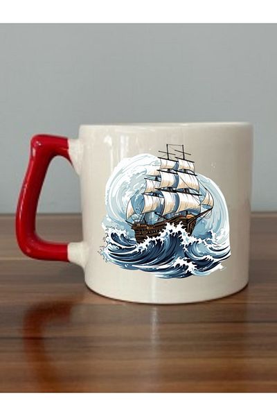 lili hediyelik Wavy Ship Printed Red Handle Mug Cup - Ceramic Tea, Coffee Gift Cup