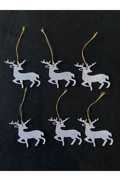 Aydede Oyunevi New Year's Deer Silver Glitter Eva Tree and Gift Ornament 7x7cm 6 Pack