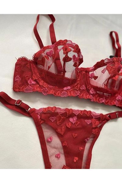 huupps Set sutien și lenjerie intima cu dantelă roșie și sârmă