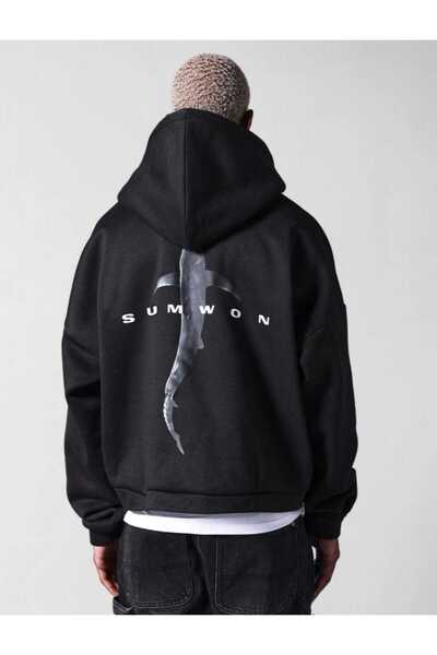 Elvino Hanorac oversize unisex cu glugă cu imprimeu rechin negru