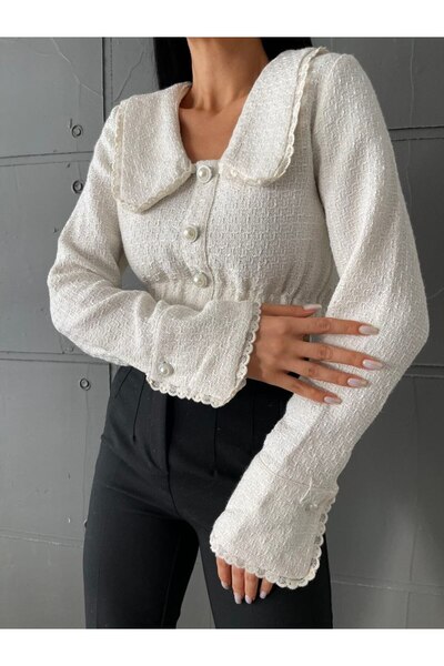 LB Laluna Butik Women's Baby Collar Pearl Button Detailed Blouse Tweed Fabric