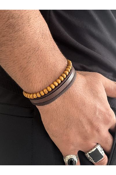 Farah Butik Men's Leather Bracelet Brown Magnet Buckle-Gift Bracelet