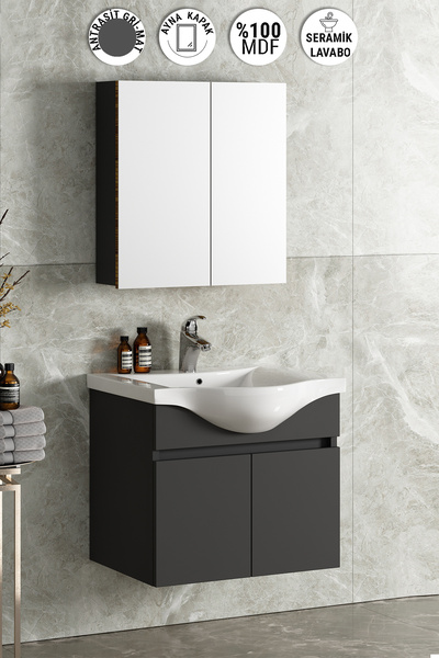 ÖZCEDEN Yıldız 55 cm Antrasit Gri Mat MDF Seramik Lavabolu Asma Banyo Dolabı ...