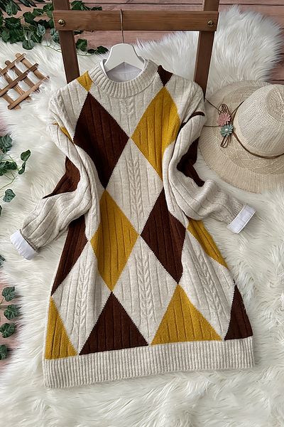MODAQU Colorful Baklava Soft Knitwear Tunic - Stone