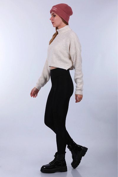 hazelin Women's Ecru Turtleneck Ribbed Crop Sweater HZL24W-BD1102171