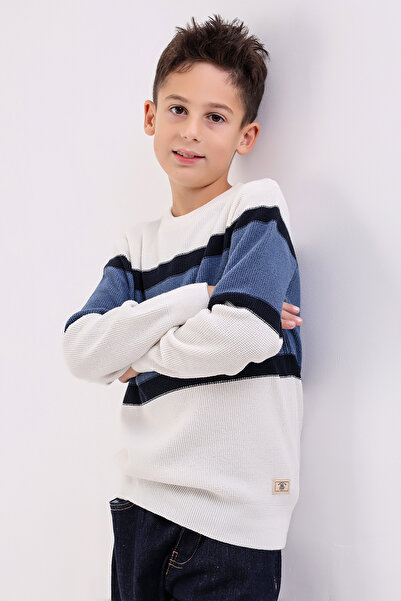 Matte İZMİR BOY'S ECRU CYCLING COLLAR STRIPED KNITWEAR SWEATER